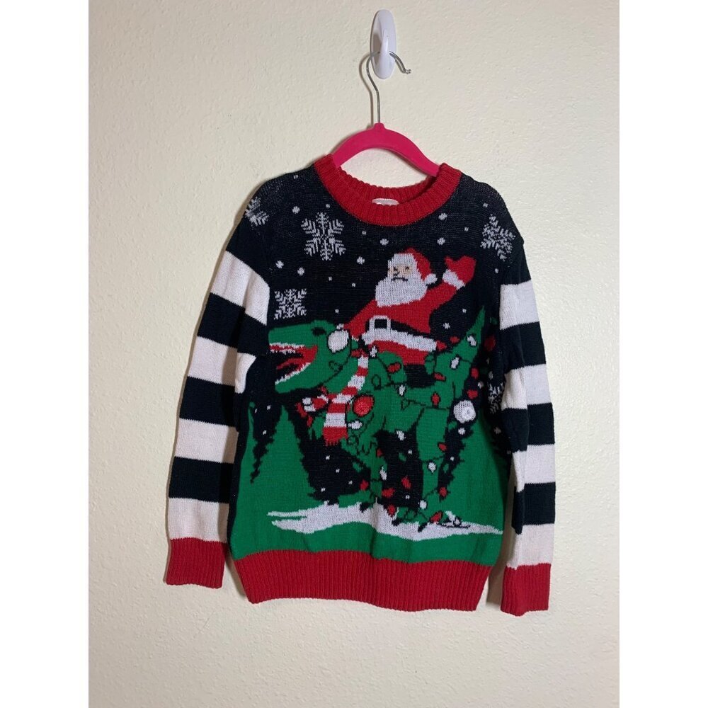 Well Worn Christmas Sweater Santa Dinosaur Ugly Holiday Black Youth Size Small
